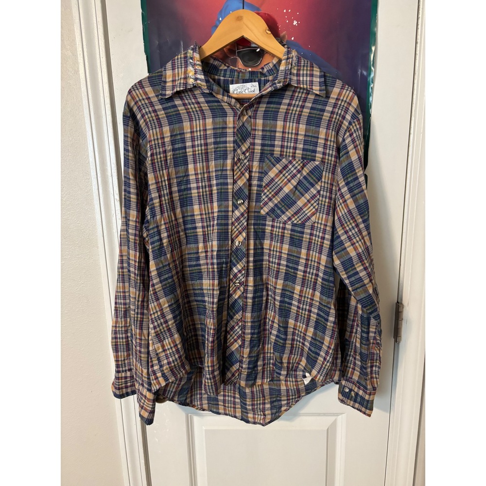 Vintage Cove Creek Plaid Button Down Shirt Mens Large Made in USA Blue Tan L 60s